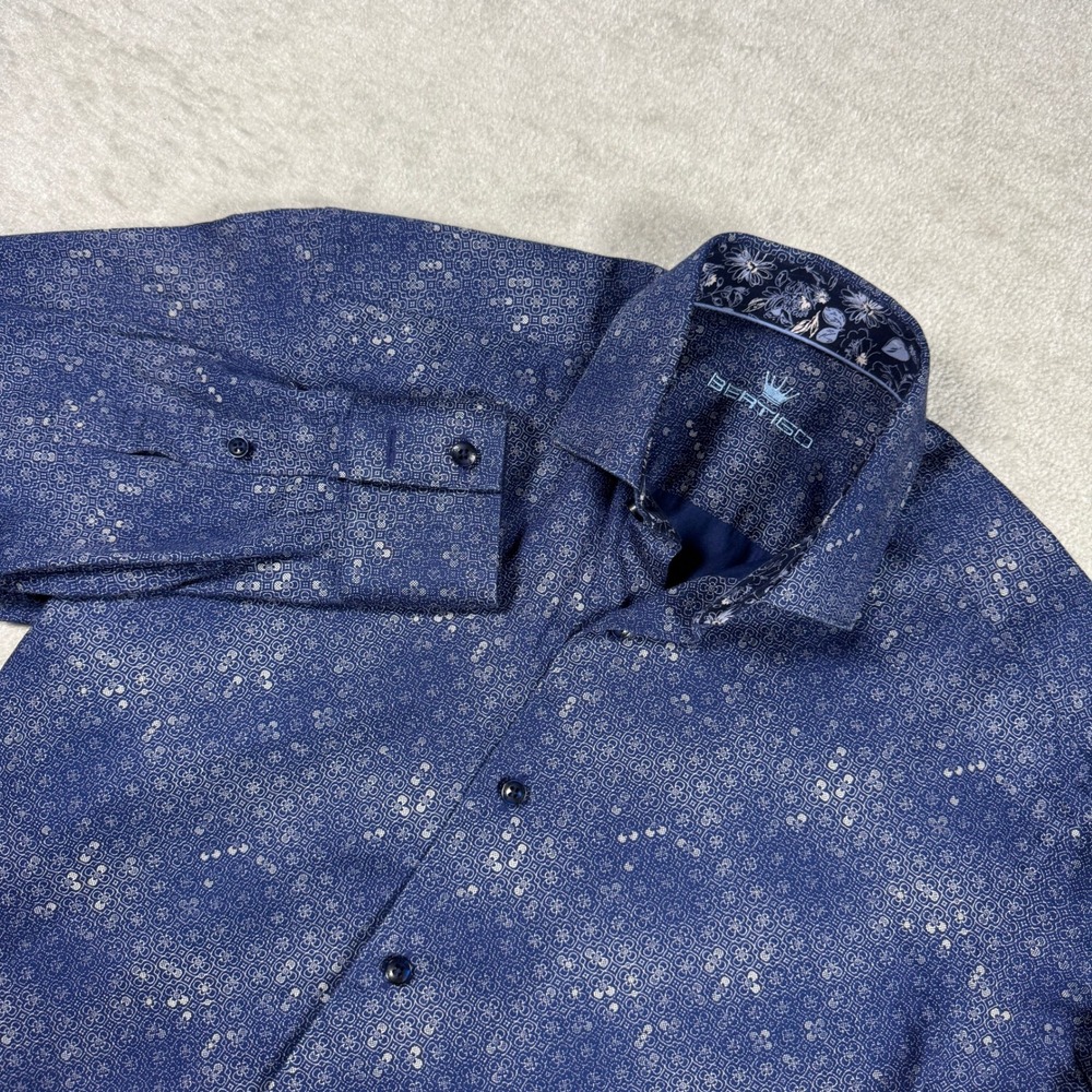 Bertigo Button Down Mens Blue Geometric Floral Print Cotton Long Sleeve Shirt